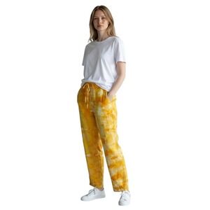 Cynthia Medium Linen Pants Handmade Tie‎ Dye Yellow Orange Lounge Palazzo 1592